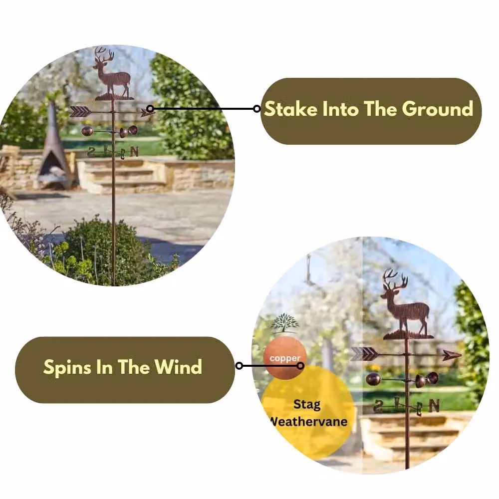 Marco Paul Large Rustic Metal Garden Wind Vane - Stag in Bronze – 5