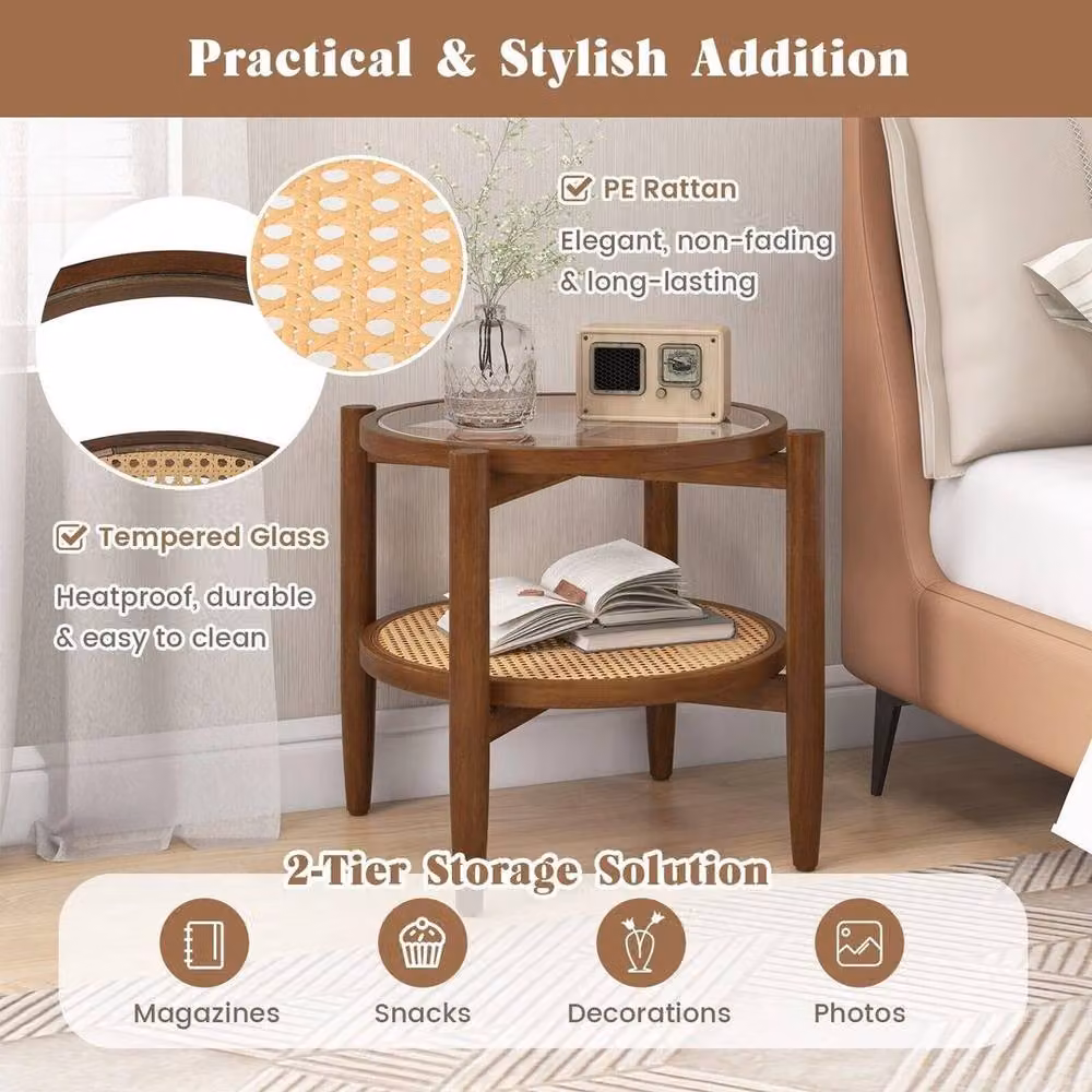 Kelvenix Mid-Century Round 2-Tier Side Table in Brown Acacia Wood and Glass, W/D/H: 46 x 46 x 46 cm – 5