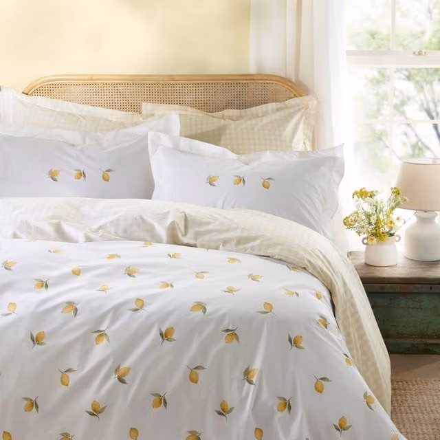Sophie Allport Lemons Cotton Percale Duvet Cover Bedding Set in White and Yellow