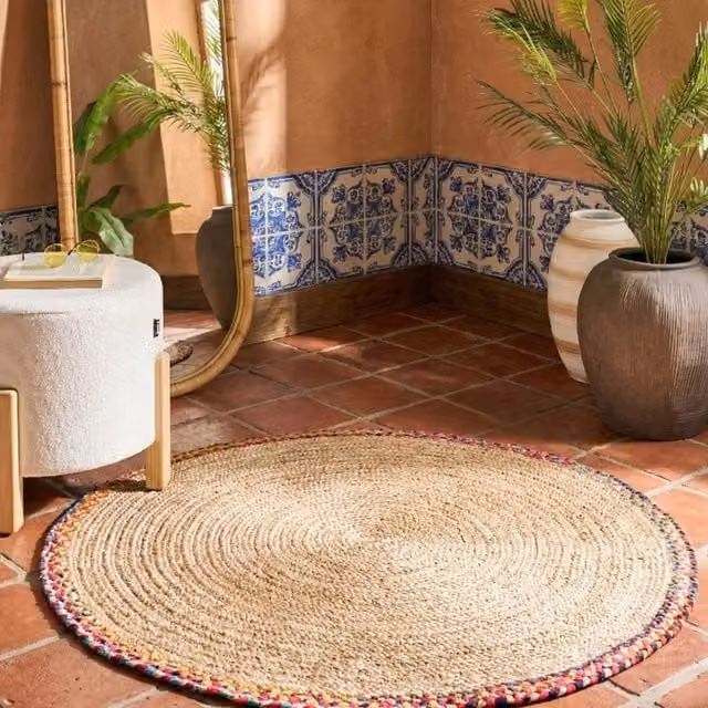 Wyld and Coco Multicolour Round Jute and Cotton Woven Rug with Beige Border, Diameter: 120 cm – 1