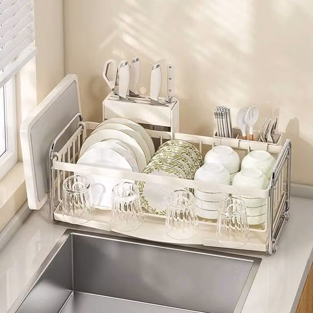 SPETLEK Steel Dish Drainer Rack with Drip Tray and Cutlery Holder in Beige – 1