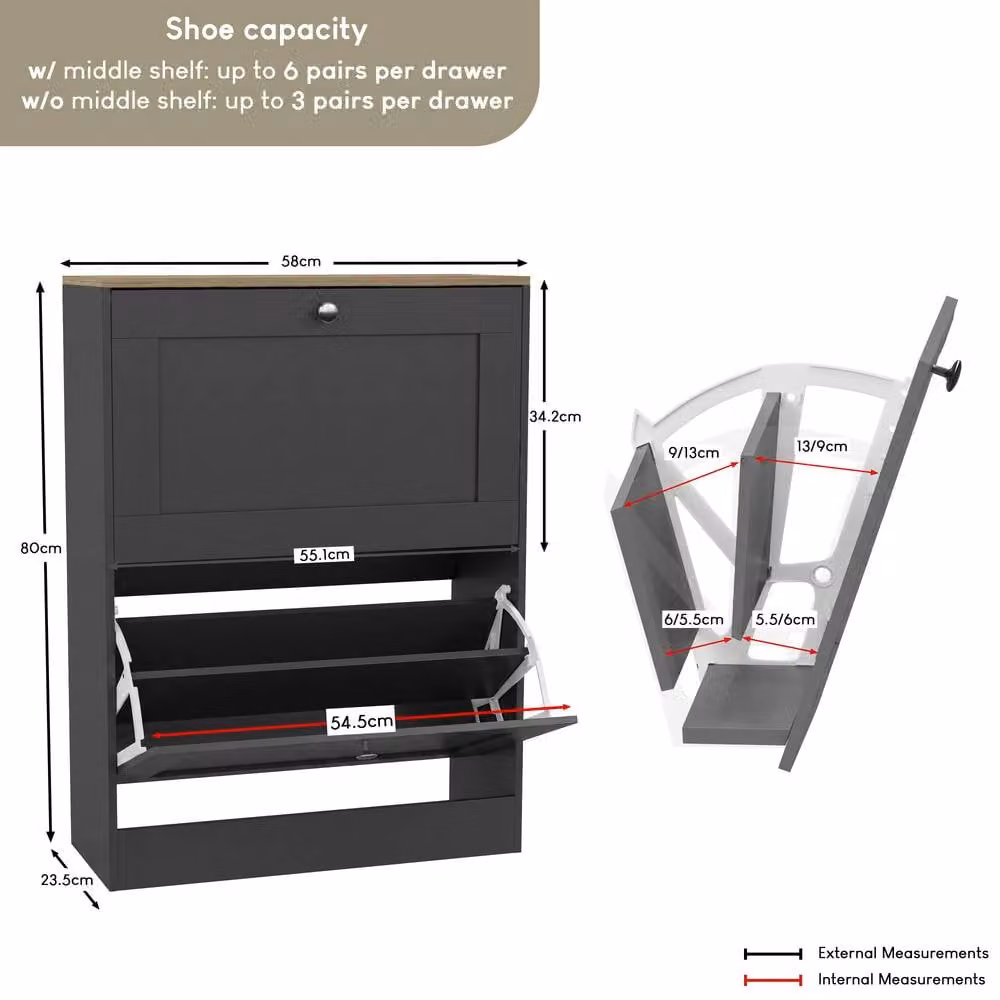 Vida Designs Modern 2 Drawer Flip Down Shoe Cabinet in Anthracite – 2