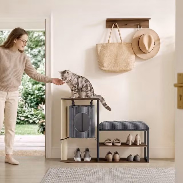 Yaheetech 2-in-1 Shoe Storage Bench and Cat Tower with Cave in Walnut