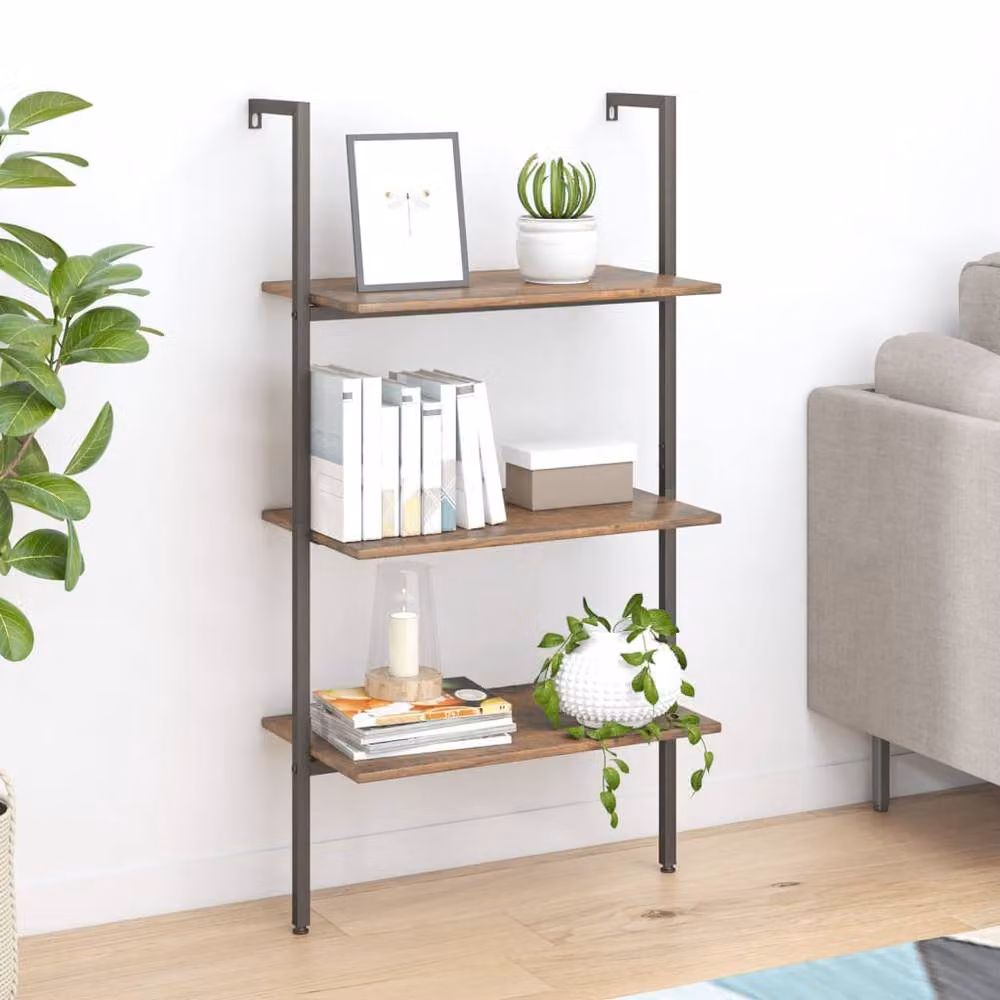 Berkfield Home Practical 3-Tier Leaning Ladder Shelf in Brown and Black, W: 64 cm, D: 35 cm, H: 120.5 cm – 1