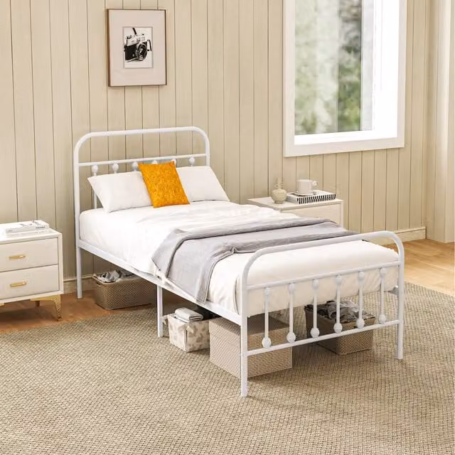 HOMCOM White Metal Minimalist Single Platform Bed Frame W/D/H: 90 x 190 cm