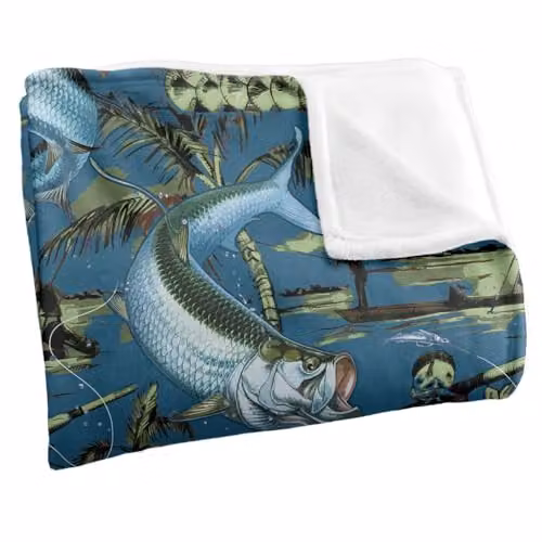 JQ Licensing Tarpon Tiki Fishing Pattern Super Soft Fleece Throw Blanket, Multicolour, W: 91 cm, D: 147 cm – 2