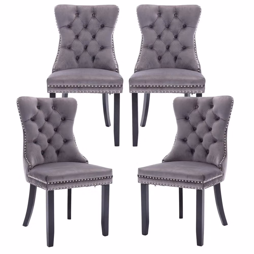 Modern Home Touch Romsey Set of 4 Grey Velvet Upholstered Dining Chairs with Oak Legs and Knocker Ring Back – 5