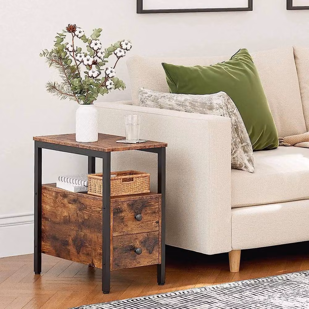 PAWNORA Rustic Brown Bedside Table with 2 Drawers, H: 61.5 cm, W: 30 cm, D: 30 cm – 3