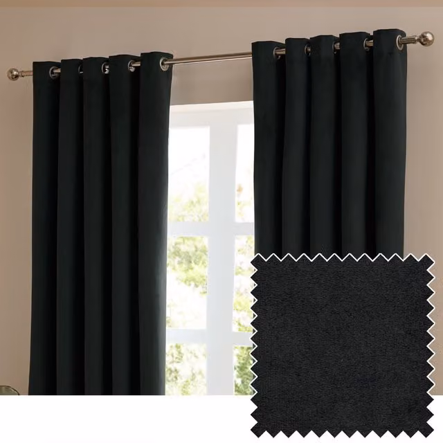 Make It A Home Set of 2 Black Velvet Room Darkening Eyelet Curtains, W: 137 cm, H: 168 cm
