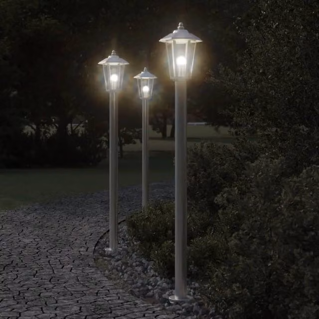 Berkfield Home Set of 3 Silver Stainless Steel Outdoor Floor Lamps, Height: 120 cm