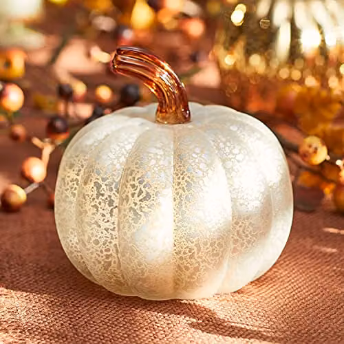 Lights4fun White Mercury Glass Pumpkin Battery Operated LED Autumn and Halloween Tabletop Decoration, H 12 cm – 3