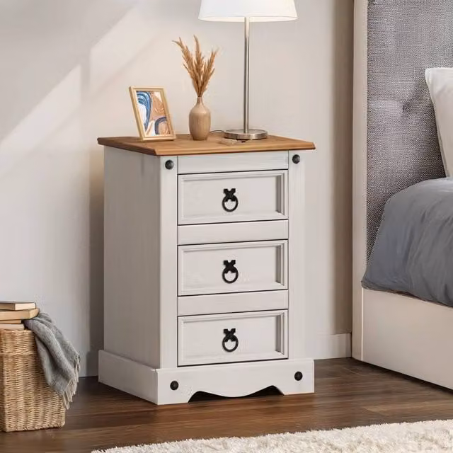 SPETLEK White Painted 3 Drawer Pine Wood Bedside Cabinet
