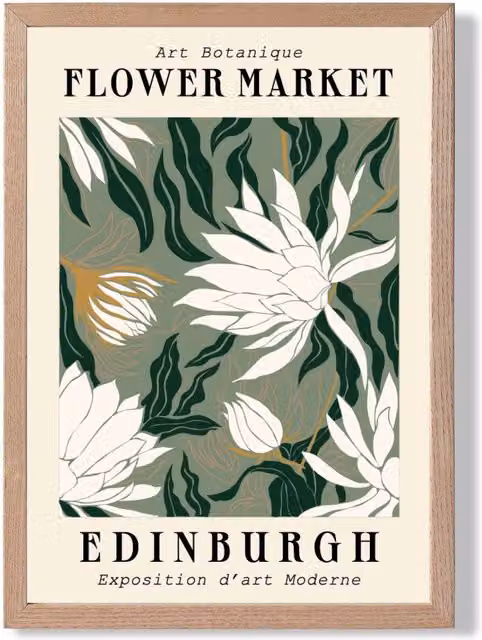 ARTZE Edinburgh Green and White Flower Market Exhibition Framed Print with Beige Oak Frame, A2
