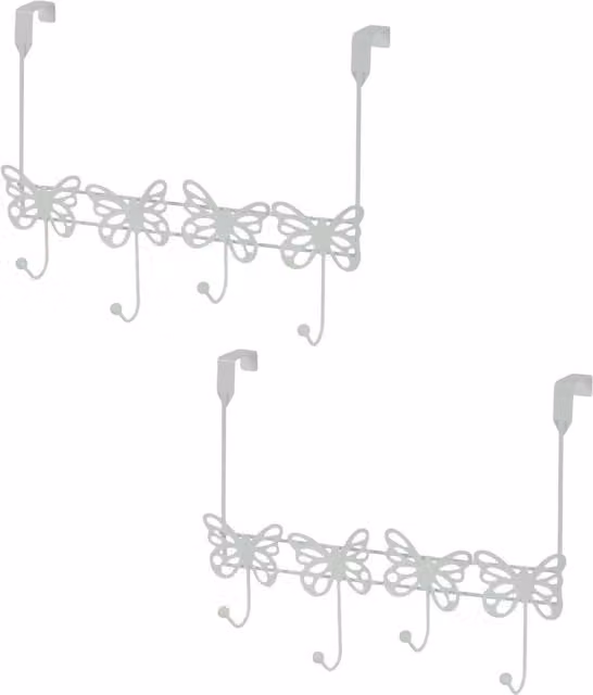 Showerdrape Set of 2 Butterfly Over Door Hanging Storage Hooks in White and Pink