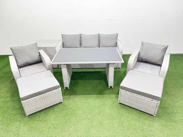 Fimous 7-Seater Outdoor Rattan Garden Furniture Dining Set with Side Table in Light Grey
