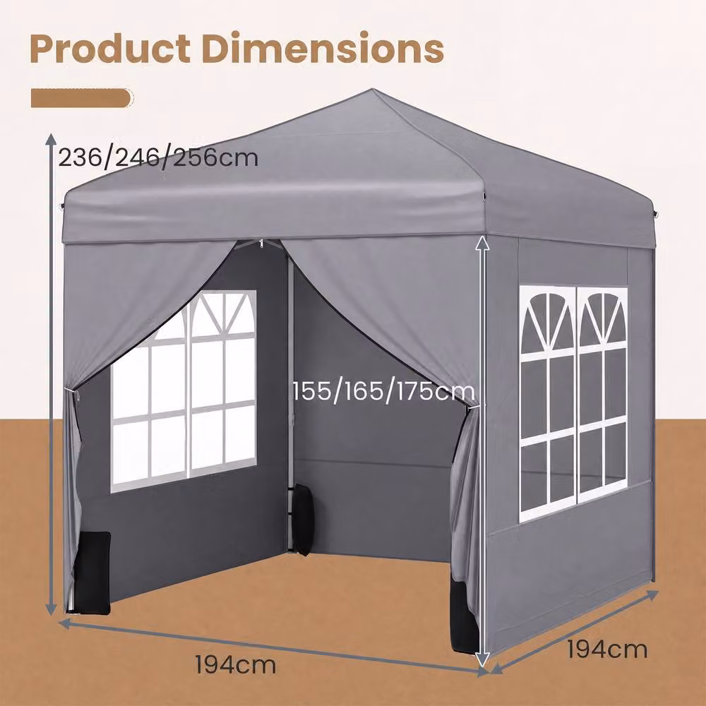 Gymax Grey Pop Up Camping Tent Sunshade Shelter with 4 Sidewalls and Windows, W/D/H: 194 x 194 x 236 cm – 2