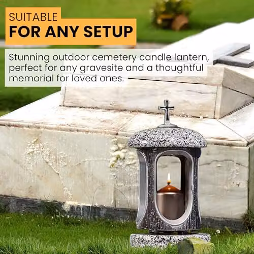 NOVECRAFTO Large Round Granite Memorial Lantern in Grey and Silver with Cross, H: 22 cm – 7