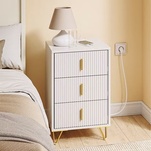 SoBuy Modern White Bedside Table with 3 Drawers and Charging Station
