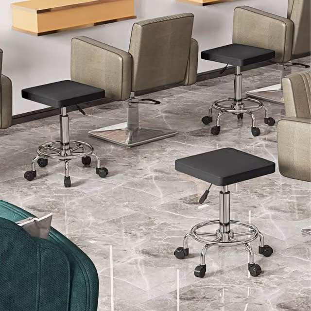 HOMCOM Height Adjustable Square Rolling Stool in Black PU Leather