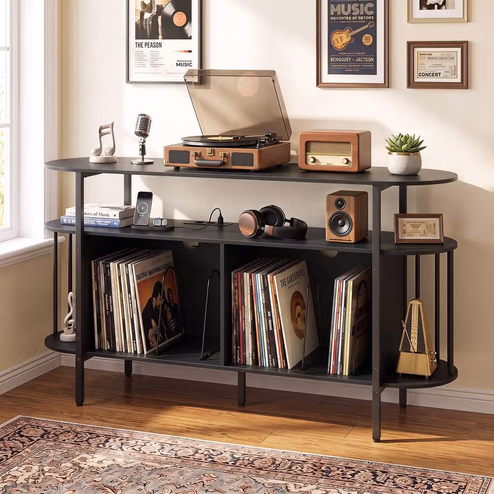 Gymax 3-Tier Black Metal Record Player Stand and Vinyl Cabinet with Integrated Lighting and Media Compartments – 3