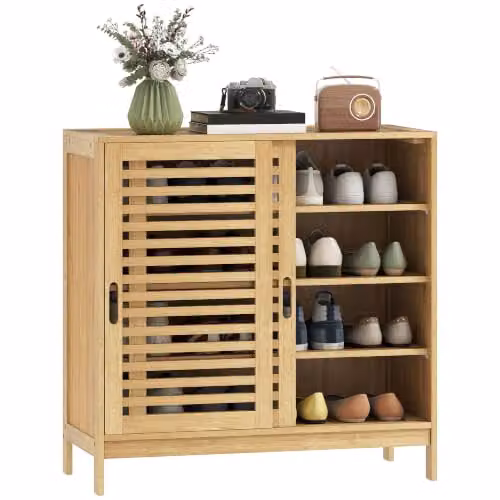 HOMCOM Bamboo Shoe Cabinet with 2 Sliding Slat Doors in Natural, W/D/H: 80 x 35 x 80 cm