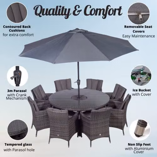 Thats Furniture Giardino Savannah 8 Seater Rattan Garden Dining Set with Ice Bucket Cooler in Grey and Brown, Diameter: 155 cm – 2