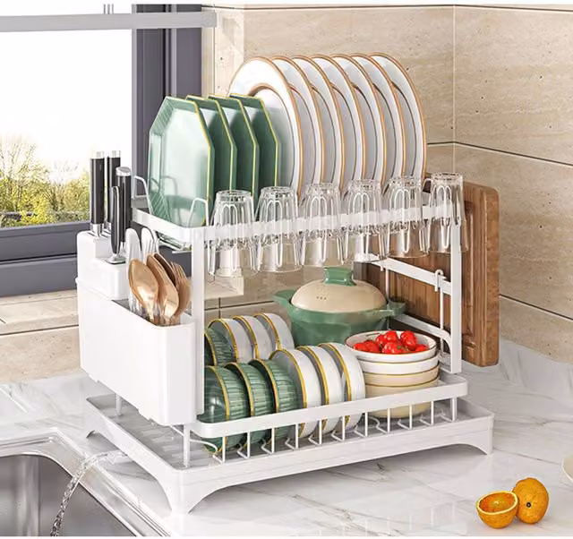 Lishetimig White Over the Sink Dish Drying Rack with Cup Holder, Cutlery Holder and Drip Tray