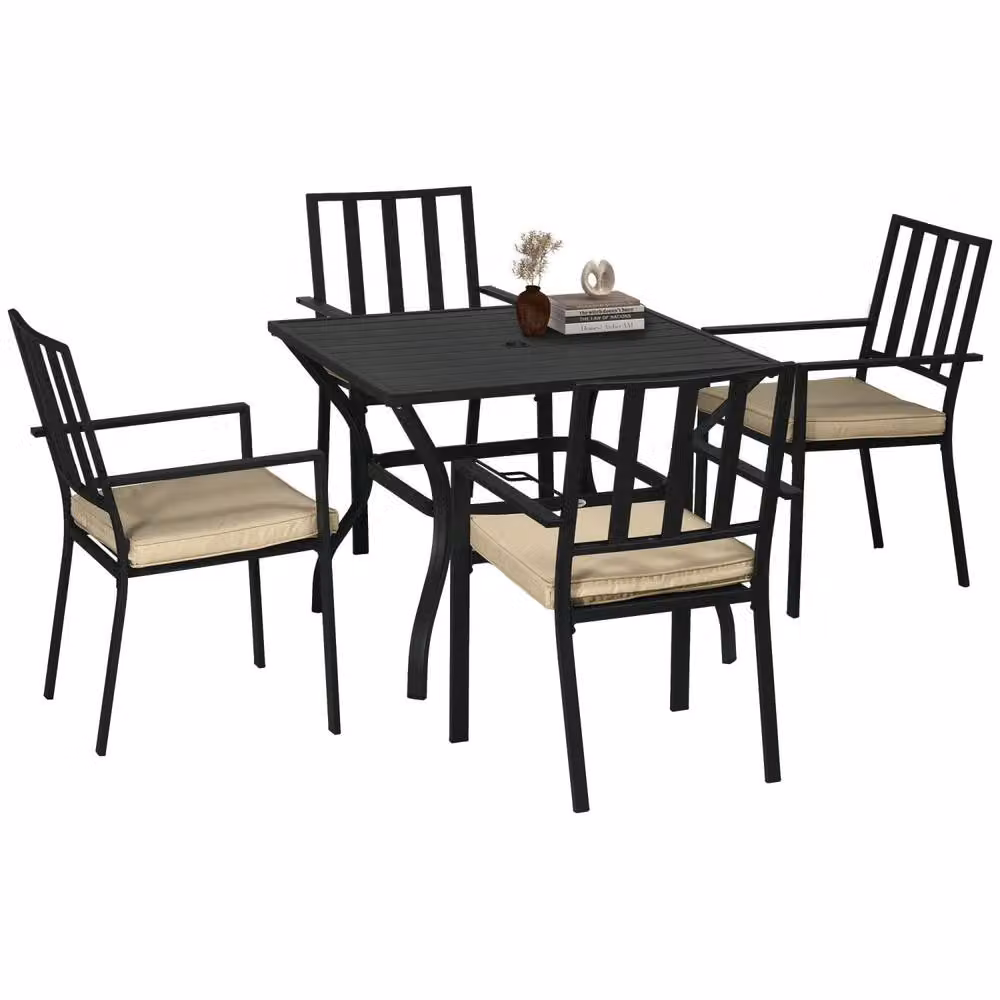 Wyld Haus Nonilu 4 Seater Garden Dining Set with Square Metal Table in Black and Beige – 2