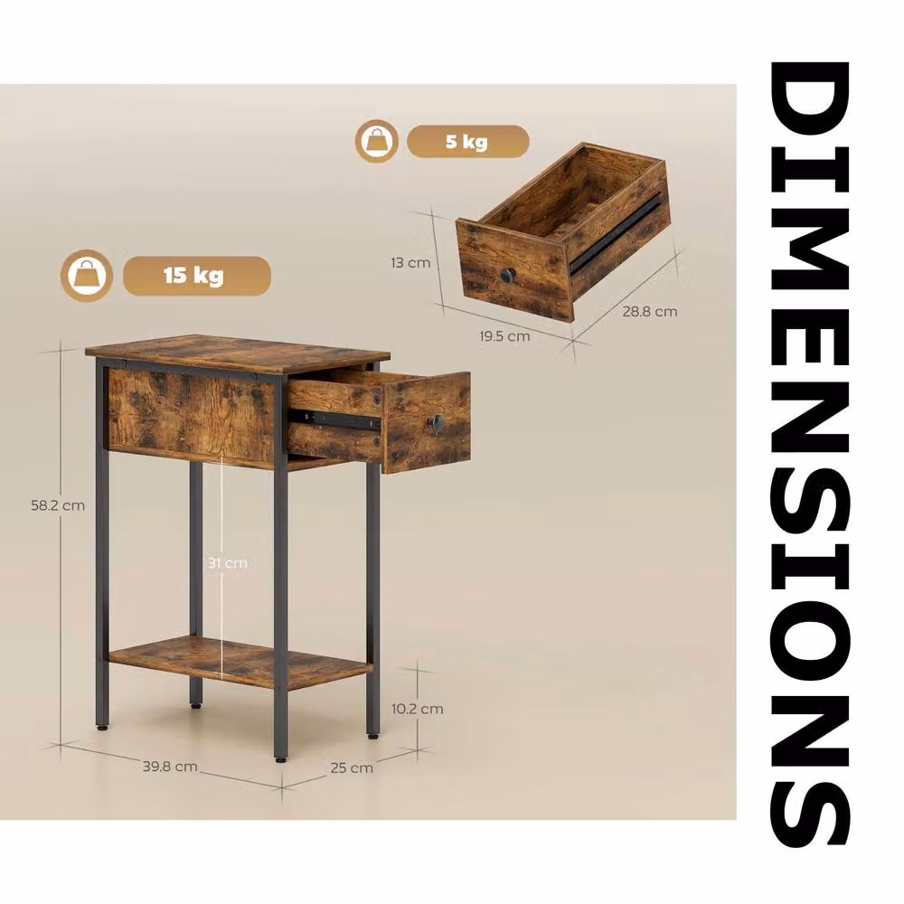 FURNOS 2 Tier Narrow Side End Table with Drawer, Brown and Black Industrial Style, W/D/H: 39.8 x 25.0 x 58.2 cm – 8