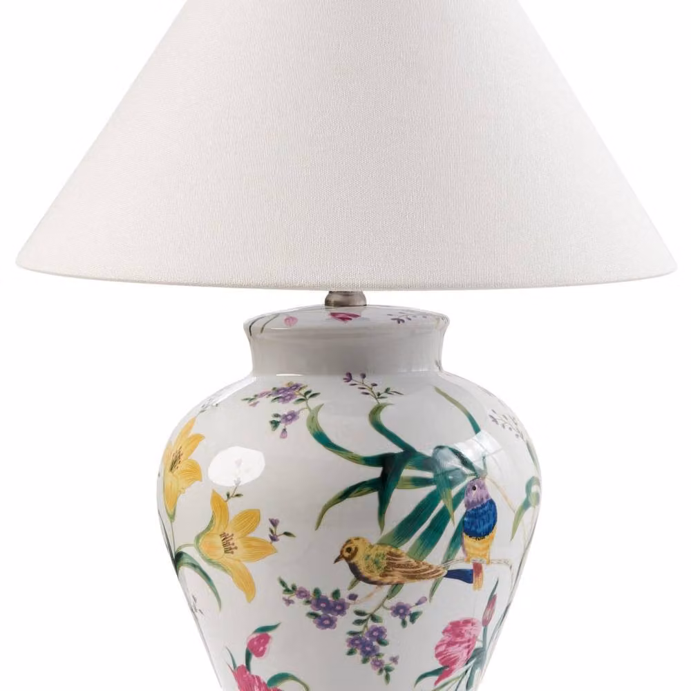Wyld and Coco White Ceramic Table Lamp with Fabric Shade and Brass Details – 2