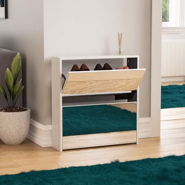 Vida Designs Welham Modern White Mirrored Shoe Cabinet with Tilting Compartments