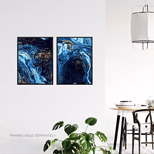 Artery8 Set of 2 Abstract Dark Blue and Gold Marble Unframed Wall Art Paper Posters, W: 21.0 cm, H: 29.7 cm – 3