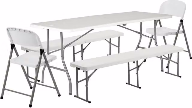 Harbour Housewares Folding Camping Picnic Table, Bench and Chair Set, White, Width: 180 cm