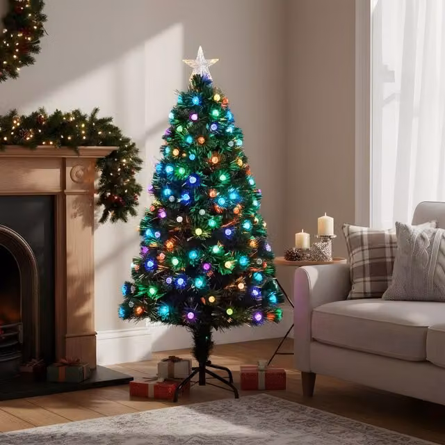 Shatchi Diamonds Fibre Optic LED Pre-Lit Christmas Tree in Green with Multicolour Lights, Height: 90 cm – 1