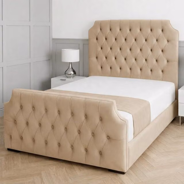 Living Comfort Bedz Westminster Plush Upholstered Bed with Slatted Base and 48 Inch Headboard, Beige, Super King, W: 200 cm x D: 200 cm
