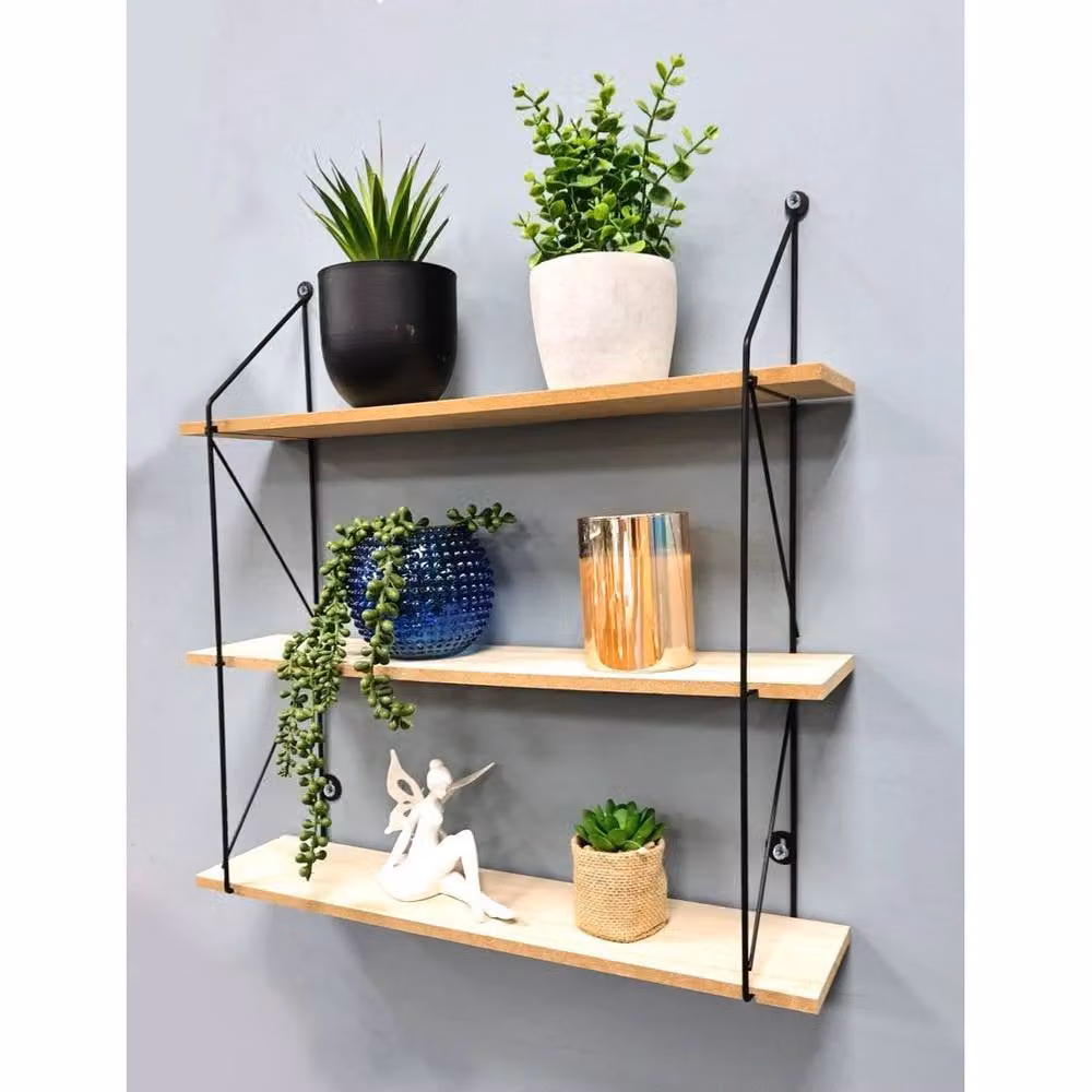 Kelvenix 3 Tier Wall Mounted Floating Shelves in Brown Metal and Wood – 3