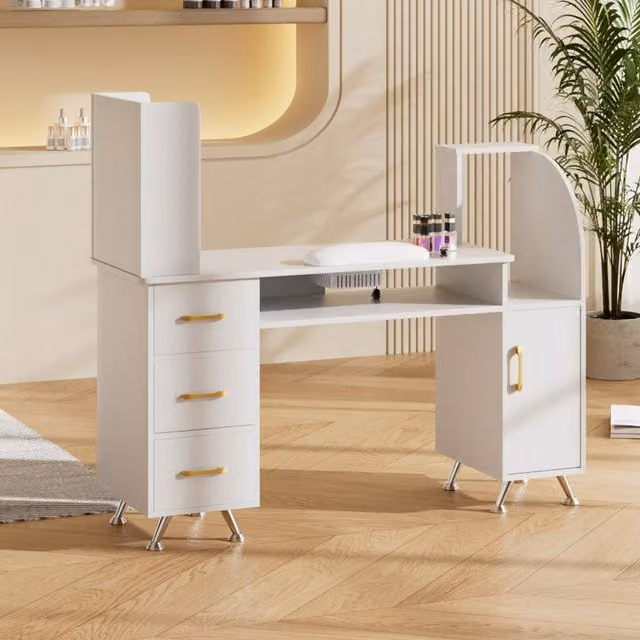 Livingandhome White Manicure Table with Dust Collector and Wrist Cushion