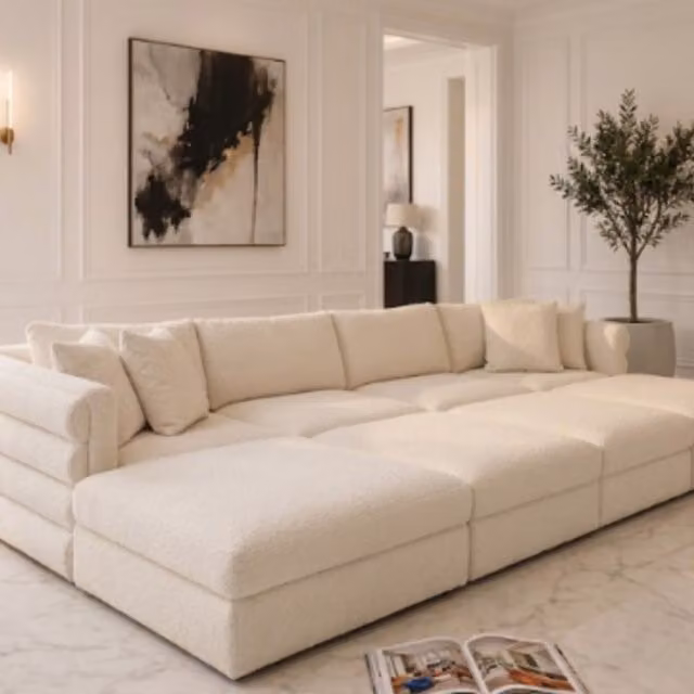 HOB Furniture Dior Panelled U-Shape Cinema Sofa in Cream Bouclé with Matching Ottoman and Scatter Cushions