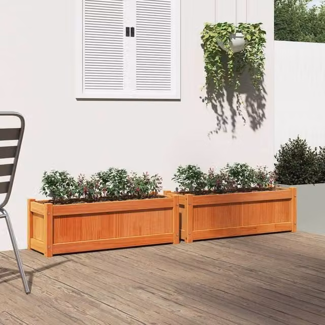 Berkfield Home Garden Set of 2 Wax Brown Solid Wood Pine Planter Tubs – 1