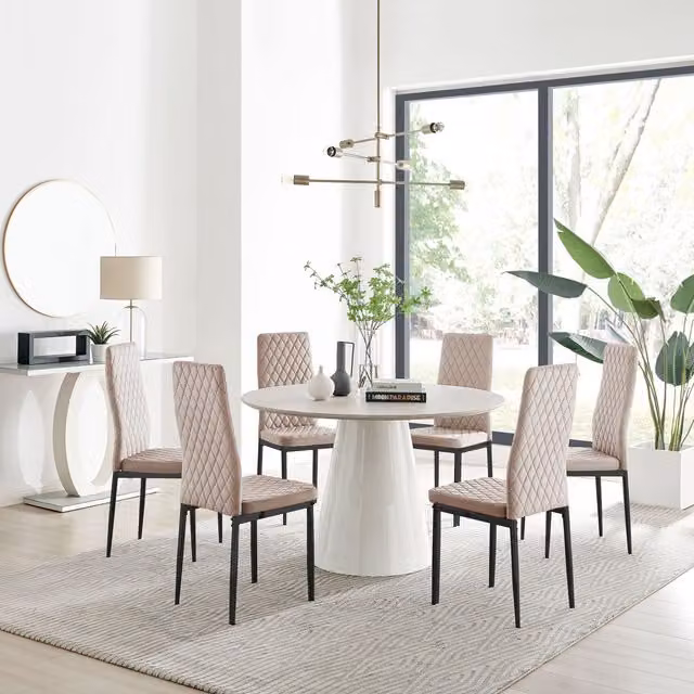 FurnitureboxUK Palma Beige Stone Effect Round Dining Table and 6 Milan Black Leg Chairs Set