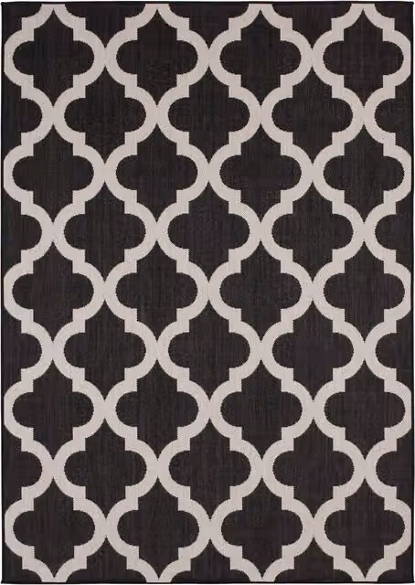 The Rugs Ecology Collection Moroccan Striped Outdoor Rug in Black and Multicolour, Width: 140 cm