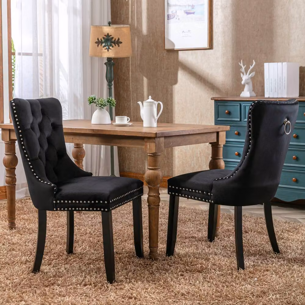Modern Home Touch Romsey Set of 2 Black Velvet Upholstered Dining Chairs with Oak Legs and Knocker Ring Back – 2