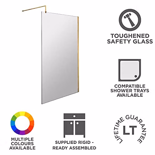 nuie Modern Walk In Bathroom Wetroom Screen with Support Bar, 8mm Toughened Safety Glass, W: 1100 mm, Brushed Brass