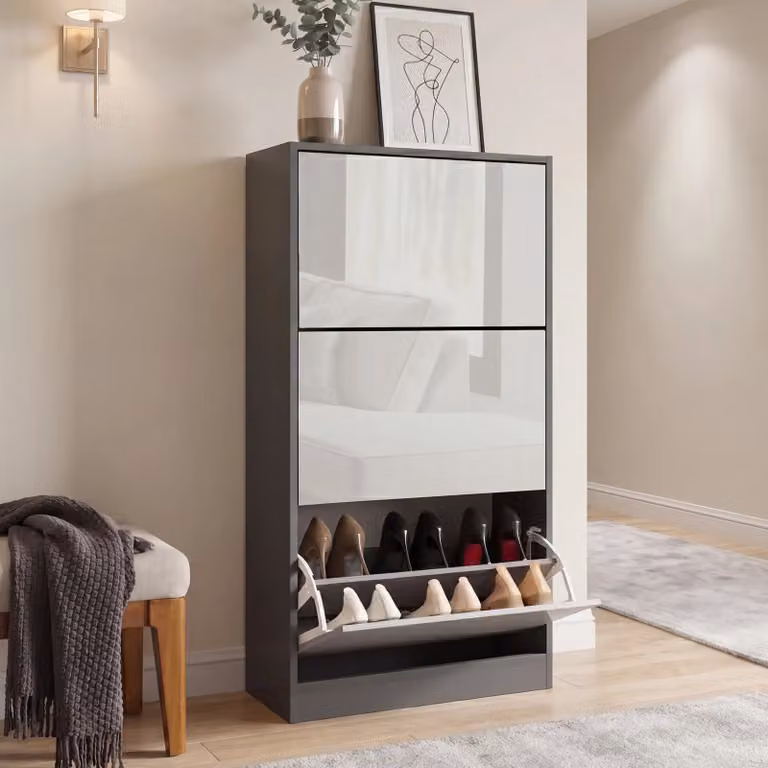 High Gloss 3 Door Slim Shoe Cabinet in Dark Grey and Silver Grey with Push to Open Compartments