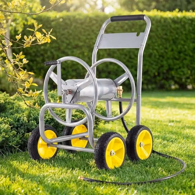 Kelvenix Freestanding Garden Hose Reel Cart with 4 Wheels in Silver