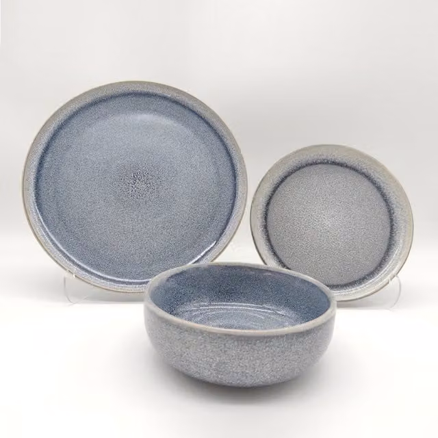 Glim & Glam Reactive Ash Blue Glaze Stoneware Dinner Set for 6 Adults