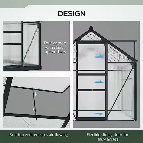 Outsunny Aluminium and Polycarbonate Walk-In Garden Greenhouse with Sliding Door, Grey and Transparent – 3