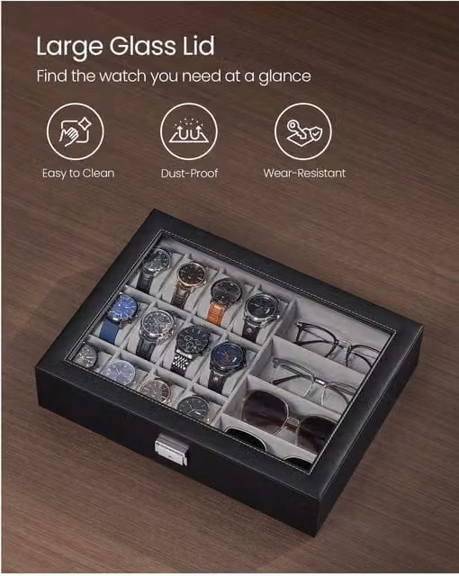 SONGMICS Black 16-Slot Watch Storage Box with Glass Lid