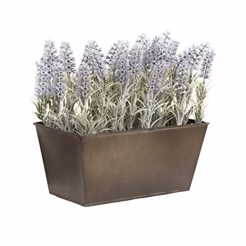 GreenBrokers Artificial Lavender in a Rustic Metal Rectangular Tin Planter, White and Purple, W: 30 cm, D: 33 cm, H: 30 cm – 1