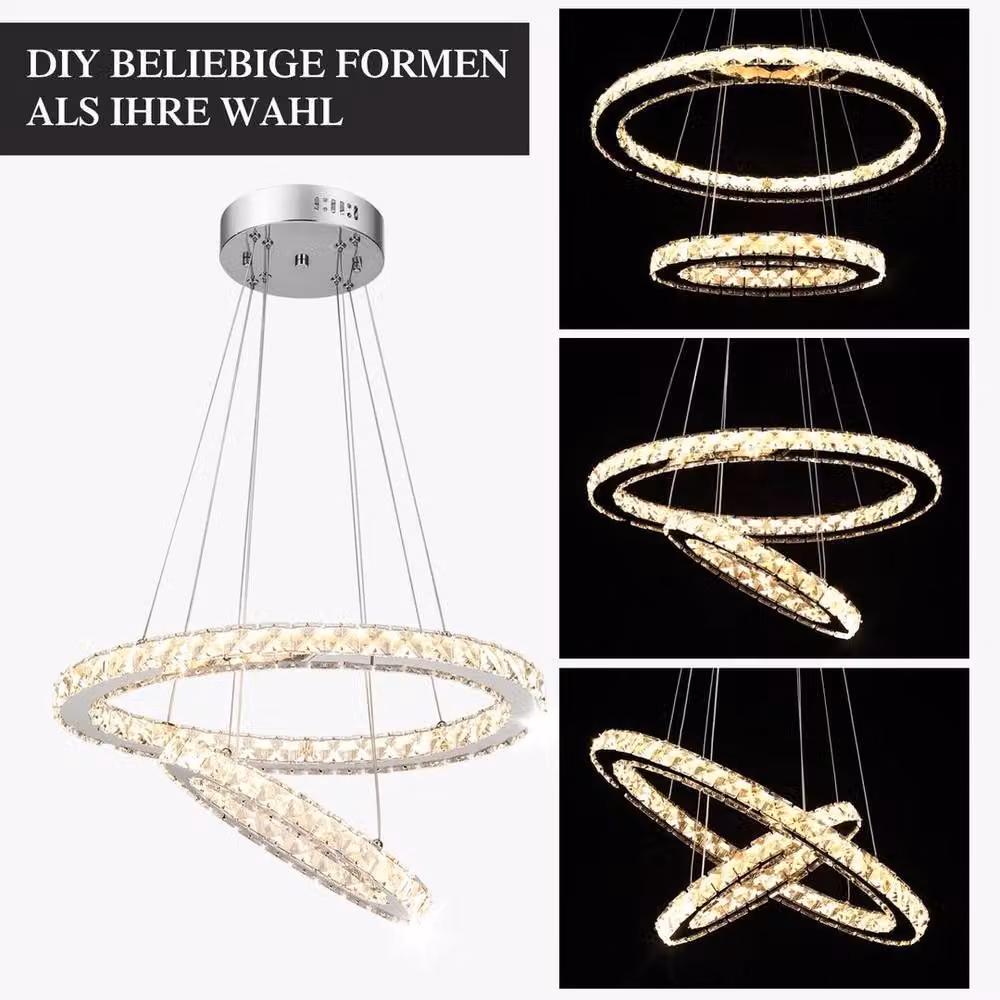 FLAVORA Modern Dual Ring Crystal LED Pendant Chandelier in Silver – 4